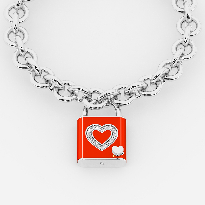 1/4 ctw Round Lab Grown Diamond Heart Design Lock Bracelet with Red Ceramic